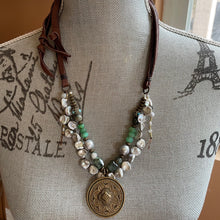 Load image into Gallery viewer, Double Strand Mandela Silver Keshi Pearl Raw Emeralds and Turquoise Necklace
