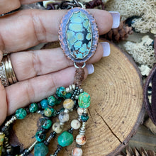 Load image into Gallery viewer, Turquoise Connector necklace with gemstone fringe, bone and leather neckline
