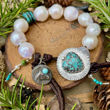 Load image into Gallery viewer, Large White Edison Pearls Custom Turquoise Heart Diamond Button Bracelet
