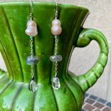 Load image into Gallery viewer, Freshwater Pearls, Labradorite and high quality Pink Amethyst Sterling silver Dangle Earrings
