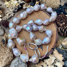 Load image into Gallery viewer, Luminous Pastel Baroque Pearls knotted Necklace large Sterling Push Clasp
