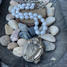 Load image into Gallery viewer, Chunky White Freshwater Pearls Crest/shield necklace
