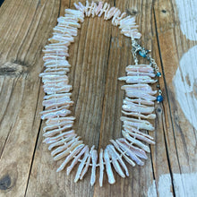 Load image into Gallery viewer, SALE Blush Pink Freshwater Biwa Pearl Topaz and Aqua Necklace
