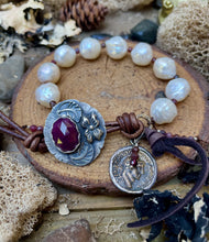 Load image into Gallery viewer, SALE Luminous White Edison Pearls Custom Ruby Button Bracelet
