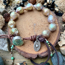 Load image into Gallery viewer, Golden Bronze Edison Pearls Custom GreenTurquoise Button Bracelet
