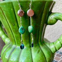Load image into Gallery viewer, Freshwater Coin Pearls, Turquoise and Kyanite Briolette Sterling silver Dangle Earrings
