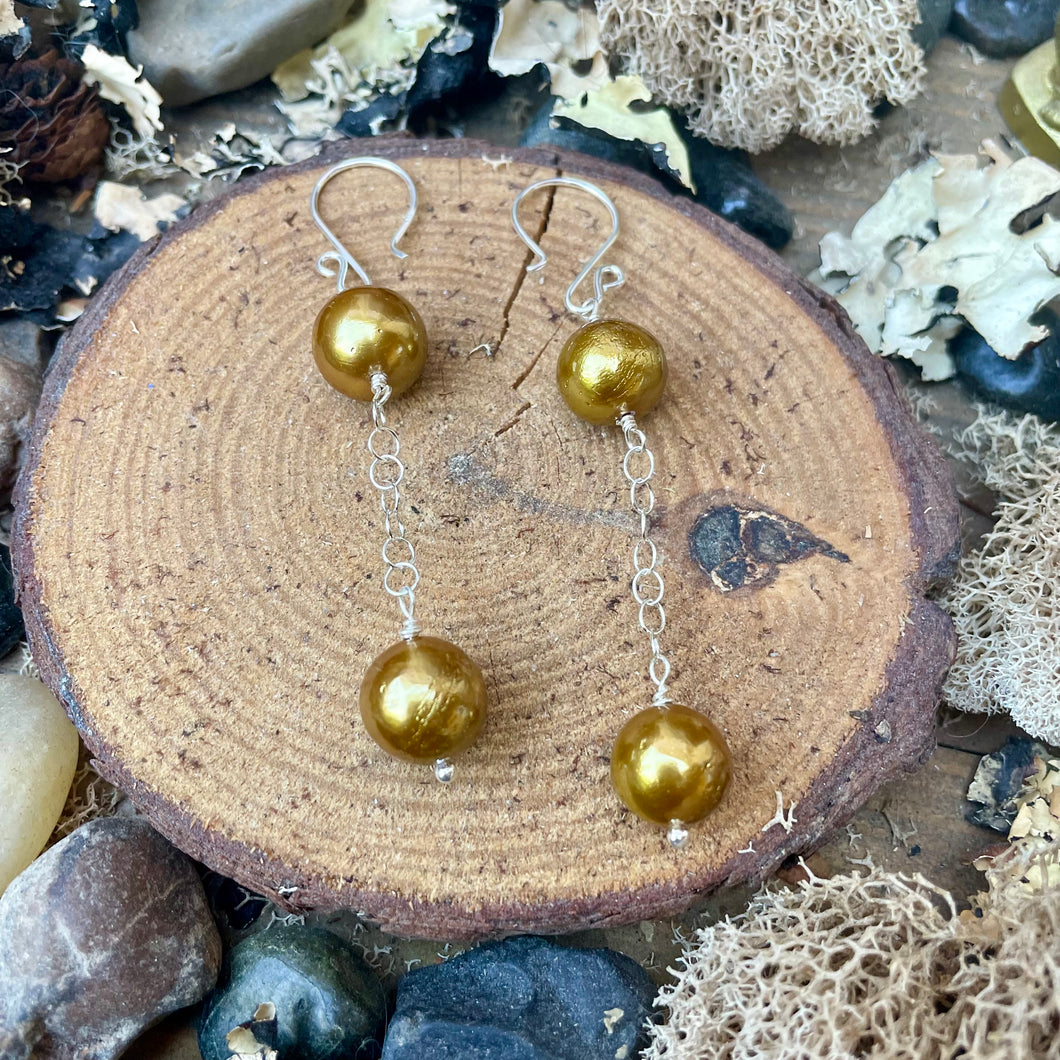 Luminous Gold Edison Pearl Sterling Silver Dangle Earrings