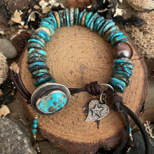Load image into Gallery viewer, Blue Turquoise Heishi Custom Sterling Turquoise Button Heart/Star Charm Bracelet
