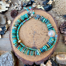 Load image into Gallery viewer, Turquoise Heishi Pearl and Gemstone Sterling Flower Lobster clasp
