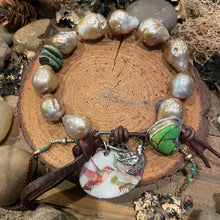 Load image into Gallery viewer, Rustic Edison Pearl Green Turquoise Heart button bracelet
