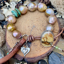 Load image into Gallery viewer, Golden Bronze Edison Pearls Custom Royston Ribbon Turquoise Button Bracelet

