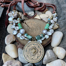 Load image into Gallery viewer, Double Strand Mandela Silver Keshi Pearl Raw Emeralds and Turquoise Necklace
