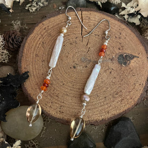 Long Beaded Stick Pearl Carnelian Topaz Earrings