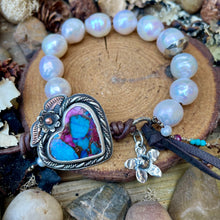 Load image into Gallery viewer, Natural Metallic White Edison Pearl Blue Turquoise Heart flower bracelet
