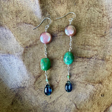 Load image into Gallery viewer, Freshwater Coin Pearls, Turquoise and Kyanite Briolette Sterling silver Dangle Earrings
