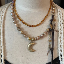 Load image into Gallery viewer, Baroque Golden Edison Pearls Artisan Gold Bronze Moon and Heart Button Necklace
