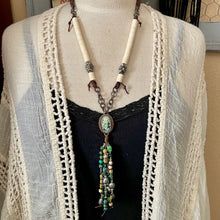 Load image into Gallery viewer, Turquoise Connector necklace with gemstone fringe, bone and leather neckline
