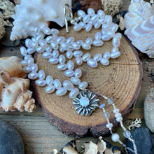 Load image into Gallery viewer, Luminous Natural Freshwater Rice Pearls with custom artisan mabe pearl pendant
