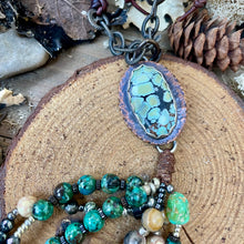 Load image into Gallery viewer, Turquoise Connector necklace with gemstone fringe, bone and leather neckline
