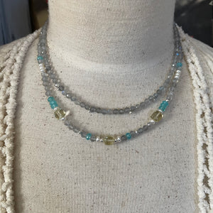 Petite Labradorite, Aquamarine, Lemon Quartz Cubes and Pearl Necklace with Sterling balls