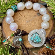 Load image into Gallery viewer, Large White Edison Pearls Custom Turquoise Heart Diamond Button Bracelet
