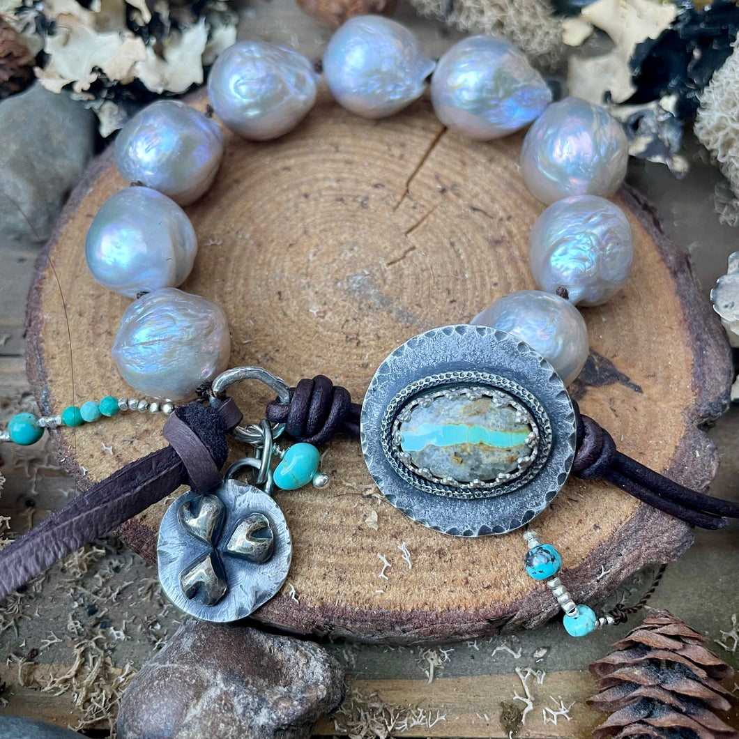 SALE Large Natural Silver Blue Edison Pearls Custom Royston Ribbon Turquoise Button Bracelet