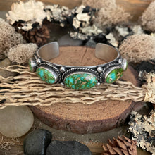Load image into Gallery viewer, Native American Roland Dixon Sterling Southwestern Five Stone Sonoran Gold Turquoise Cuff

