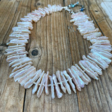 Load image into Gallery viewer, SALE Blush Pink Freshwater Biwa Pearl Topaz and Aqua Necklace
