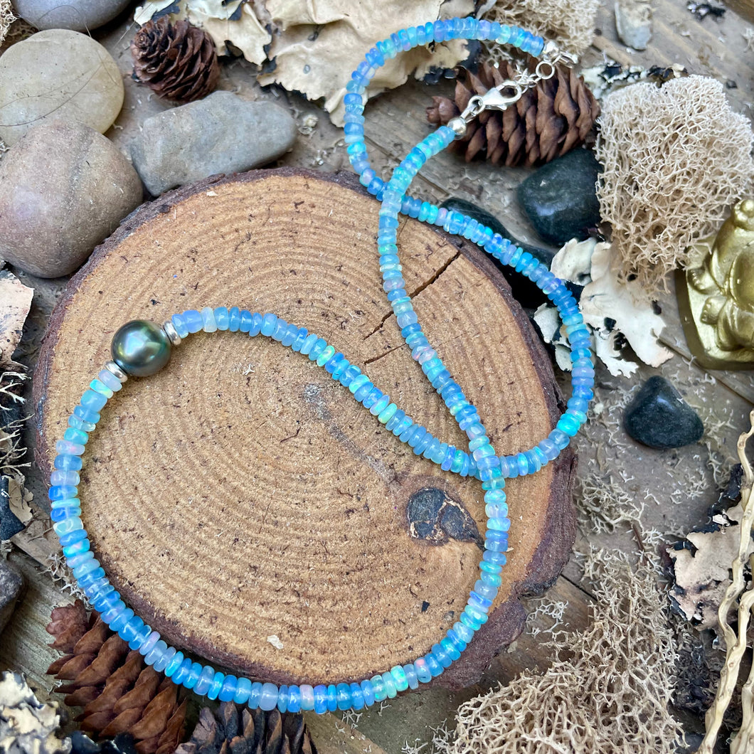 Graduated Blue Opal Tahitian Pearl Short Necklace