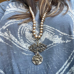 Luminous Large Champagne Pearls with artisan Star of David Pendant