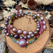 Load image into Gallery viewer, Triple Layer Pearls and Tourmaline Gemstone Sterling Flower Clasp bracelet
