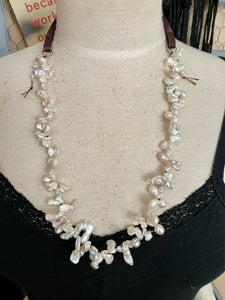 Long or short White Funky Freshwater Pearl Leather Necklace