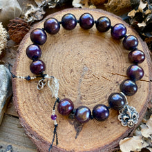 Load image into Gallery viewer, Single row Piano Black Freshwater Pearls with Sterling Angel Wing Clasp and Fleur de Lis
