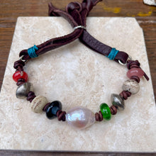 Load image into Gallery viewer, Antique Handmade Glass Edison Pearl Trade Bead Leather Bracelet
