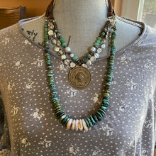 Load image into Gallery viewer, Double Strand Mandela Silver Keshi Pearl Raw Emeralds and Turquoise Necklace
