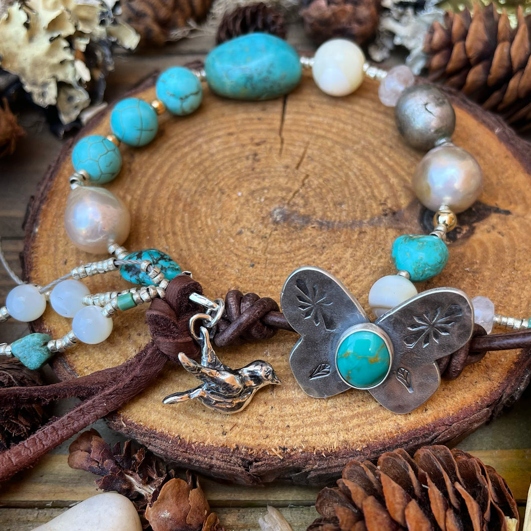 Turquoise Nuggets Edison Pearl Moonstone leather bracelet