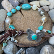 Load image into Gallery viewer, Turquoise Nuggets Edison Pearl Moonstone leather bracelet
