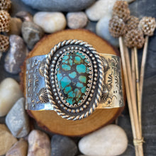 Load image into Gallery viewer, Large Sterling Southwestern Style Hubei Turquoise Cuff
