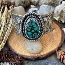 Load image into Gallery viewer, Large Sterling Southwestern Style Hubei Turquoise Cuff
